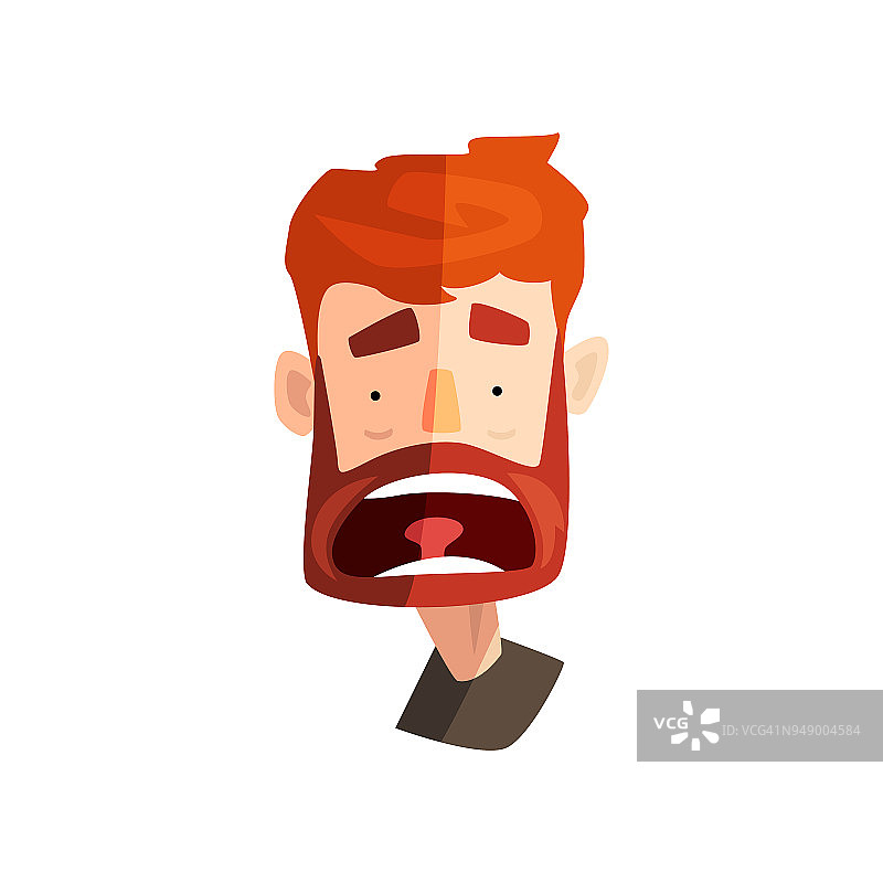 惊恐的红发大胡子男子，男性情绪化的脸，头像与面部表情向量插图在一个白色的背景图片素材