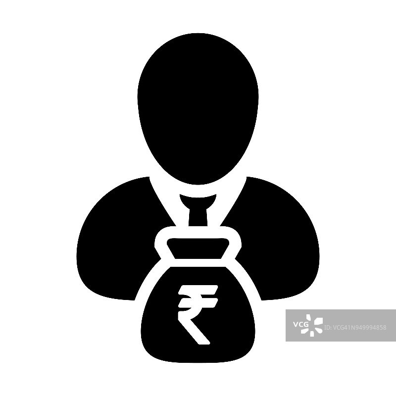 印度卢比符号图标向量人男性符号阿凡达与商业金融和银行储蓄帐户的钱袋在象形图图片素材