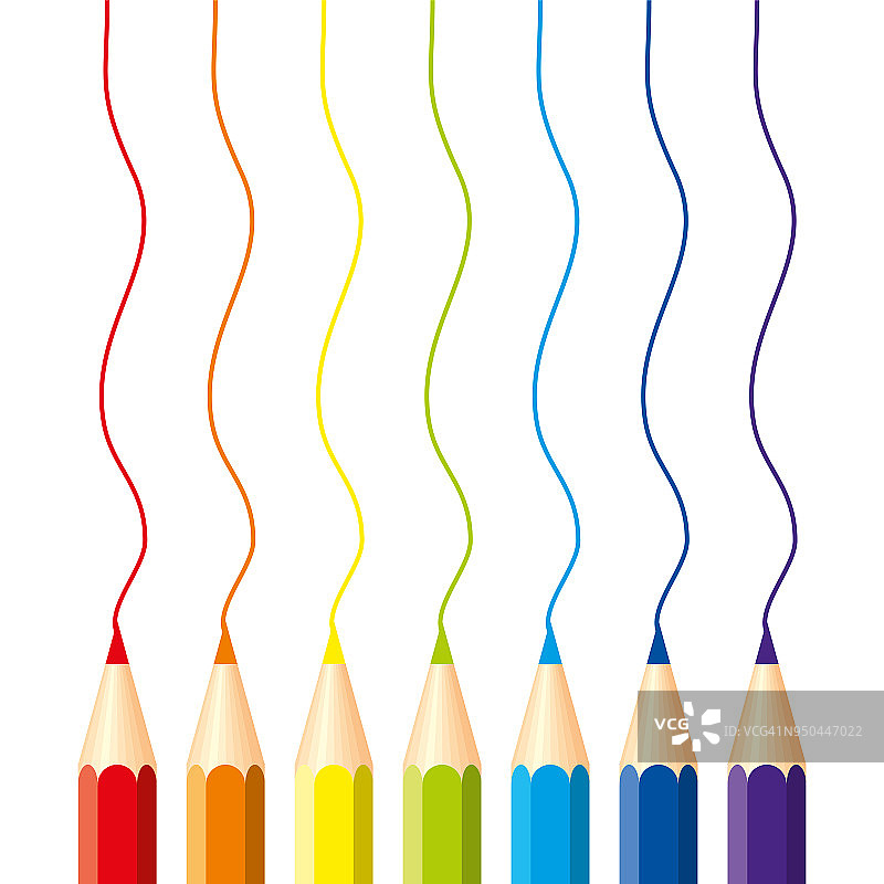 一套独立的彩色铅笔:红色，橙色，蓝色，浅蓝色，紫色，绿色，黄色，有垂直的波浪线，在白色背景。彩虹的颜色。图片素材