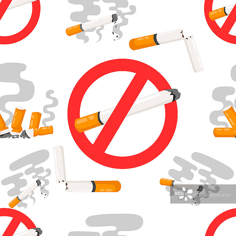无缝模式的禁止吸烟标志与平面香烟与烟雾矢量插图在白色背景的网站页面和移动应用程序设计图片素材