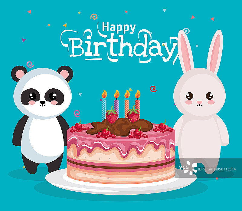 有小熊、熊猫和小兔子的生日贺卡图片素材