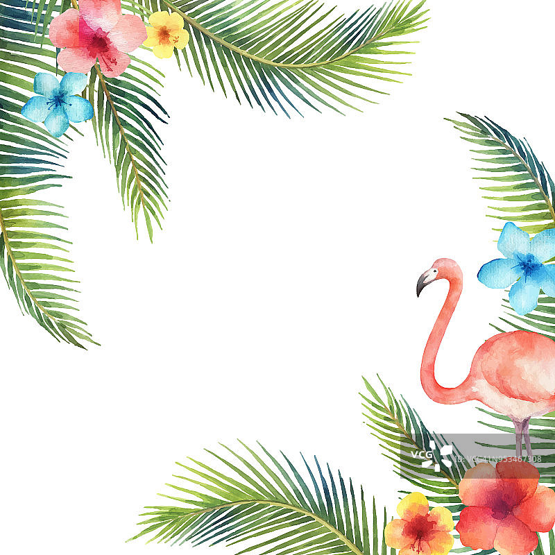 水彩矢量卡的热带树叶和粉红色火烈鸟孤立在白色的背景。图片素材