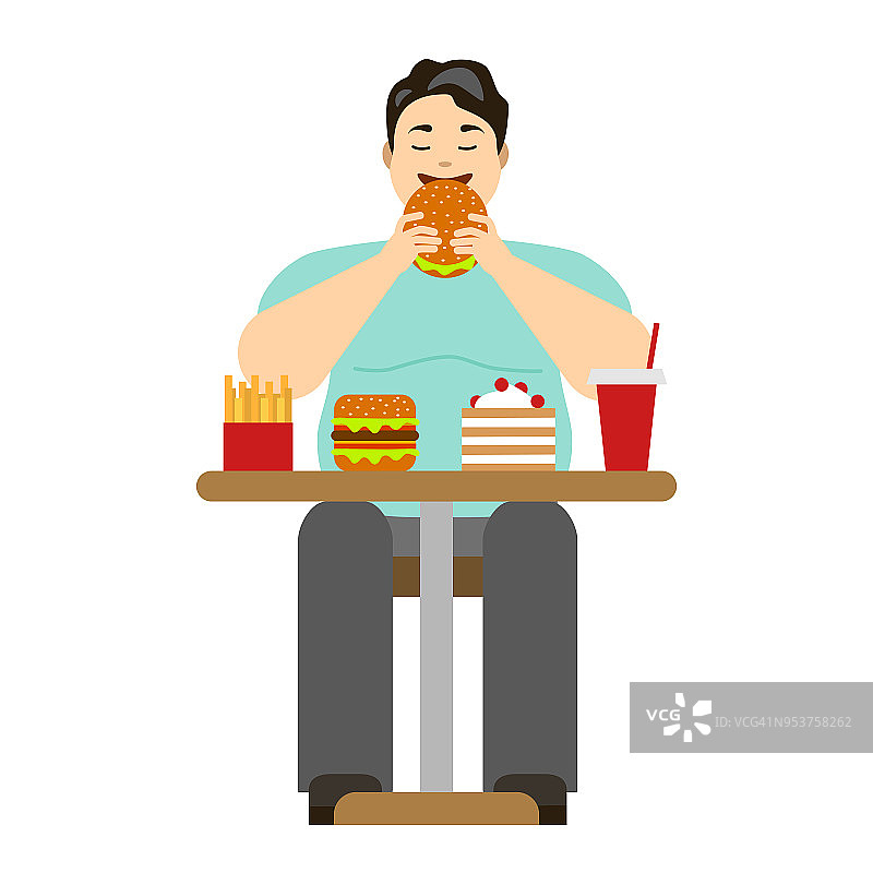 卡通男人吃快餐。向量图片素材