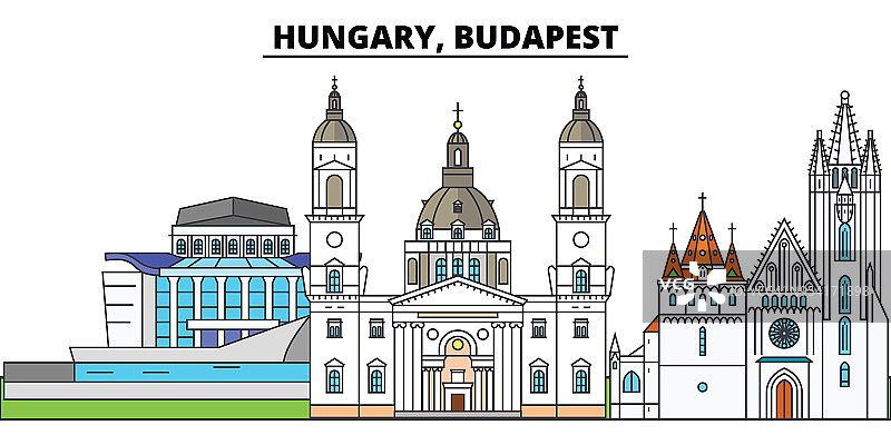匈牙利,布达佩斯。城市天际线，建筑，建筑，街道，剪影，景观，全景，地标。可编辑的中风。平面设计线矢量插图概念。孤立的图标图片素材
