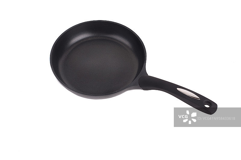 黑色的不粘聚四氟乙烯涂层煎锅，孤立在白色背景上图片素材