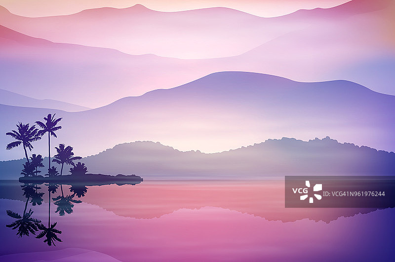 紫色的背景与大海和棕榈树图片素材