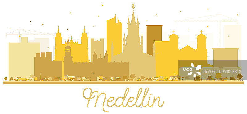 麦德林哥伦比亚城市天际线金色剪影。图片素材