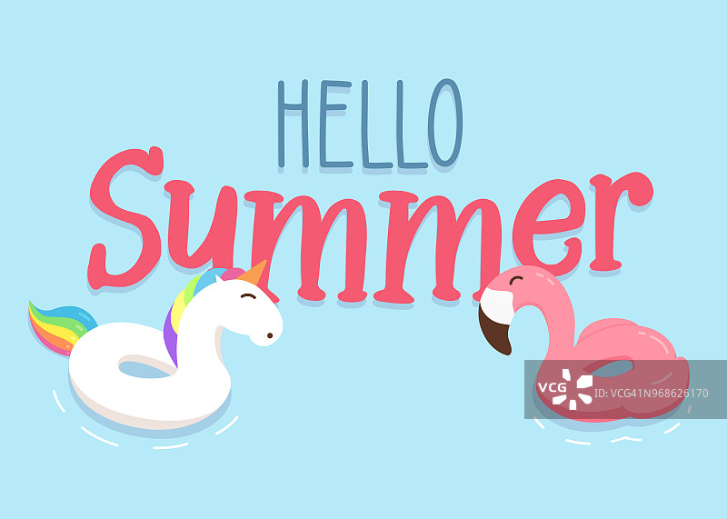 欢快快乐的独角兽和火烈鸟浮动戒指与你好夏日短信背景。矢量插图设计图片素材