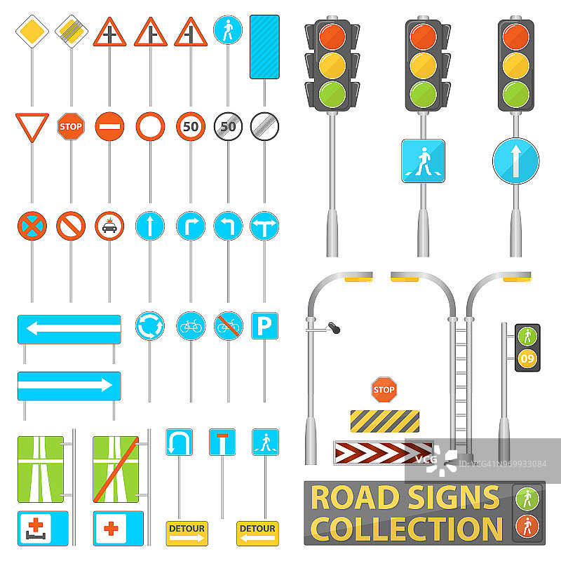 大量的路标。道路元素包括路灯、交通灯和标志。矢量图图片素材