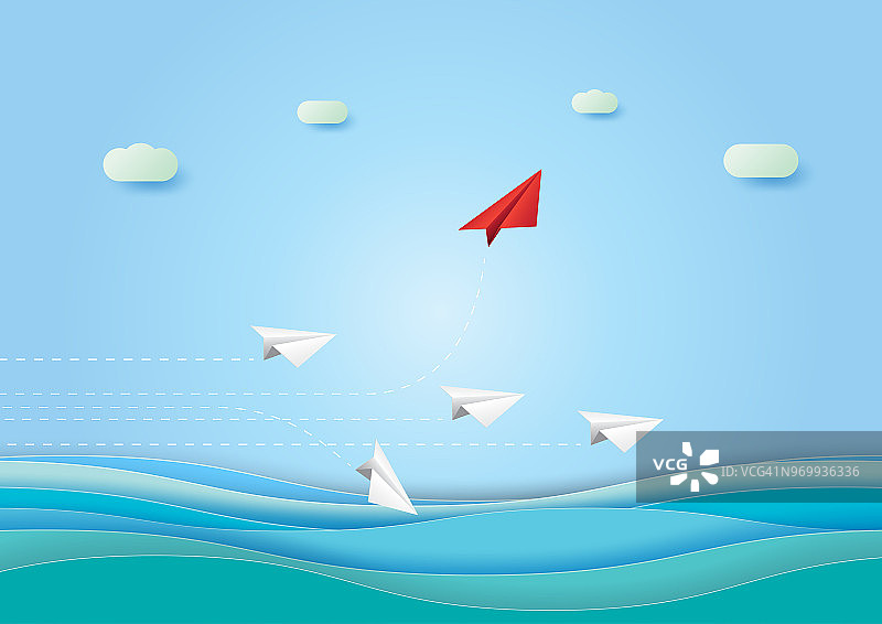 纸飞机飞越海洋的领导理念。图片素材