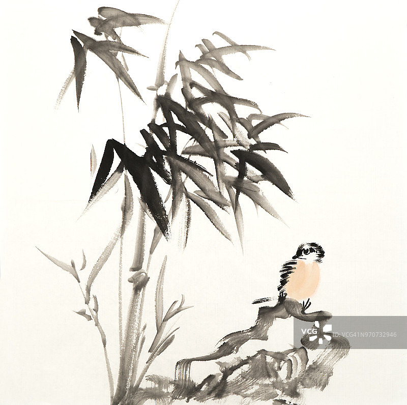 中国传统绘画竹和鸟图片素材
