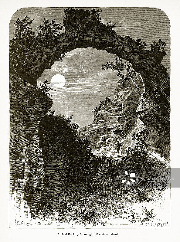 拱岩上的月光，美国密歇根州麦基诺岛，美国维多利亚版画，1872年图片素材