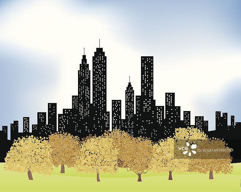 城市天际线和公园与树木在秋天，冬天的插图图片素材