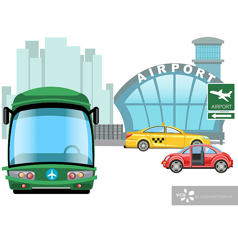 车辆在机场大楼外等候，汽车租赁服务，快速巴士转乘，出租车为快速旅行矢量插图的交通方式图片素材