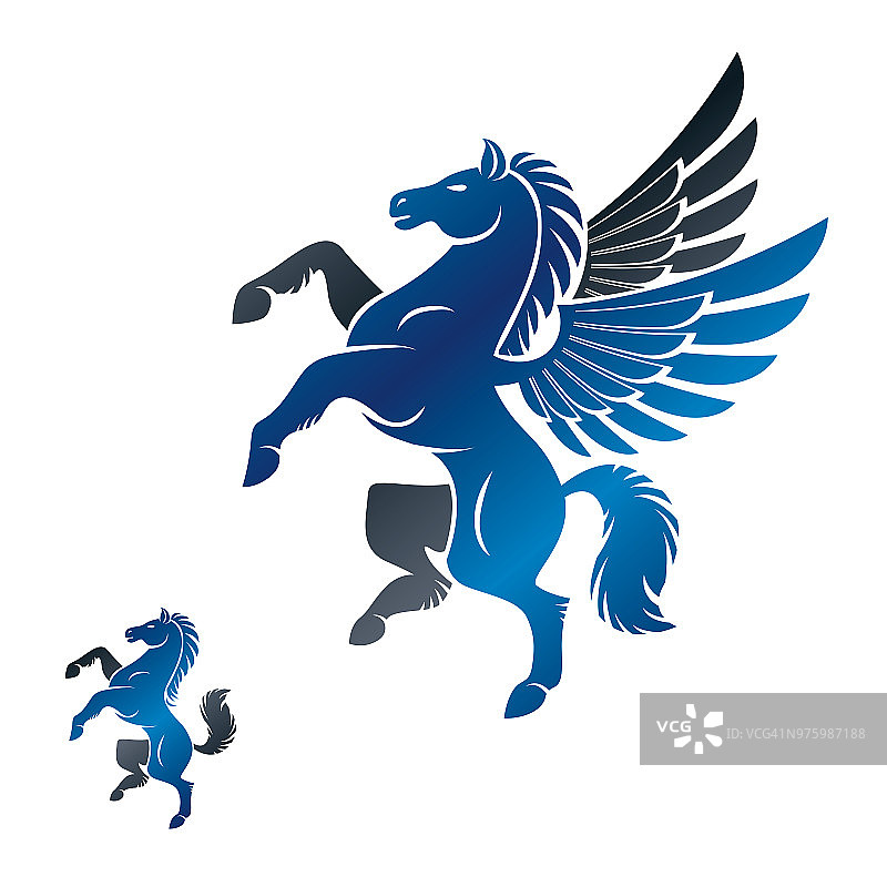 翼飞马和马的古老标志元素设置。纹章向量设计元素集合。复古风格标签，纹章。图片素材