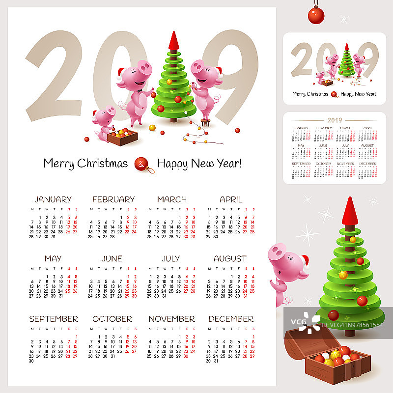 农历2019年猪年快乐。猪和圣诞树的家庭插图。图片素材