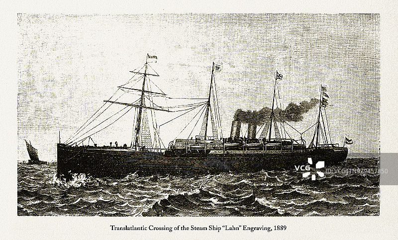 横渡大西洋的蒸汽船“拉恩”雕刻，1889年图片素材