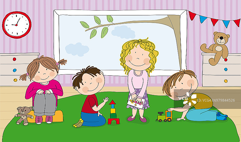 学前儿童在幼儿园玩玩具-原创手绘插图图片素材