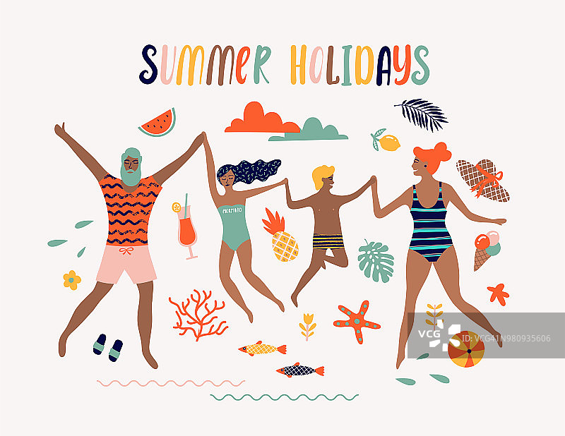 夏季波普艺术插图与幸福的家庭。热带海滩。排版矢量插图。图片素材