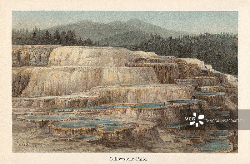 1897年，美国怀俄明州，黄石国家公园，猛犸温泉图片素材