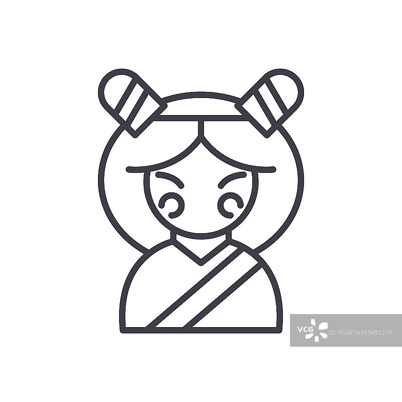 日本女性黑色图标概念。日本女人平面矢量符号、符号、插图。图片素材
