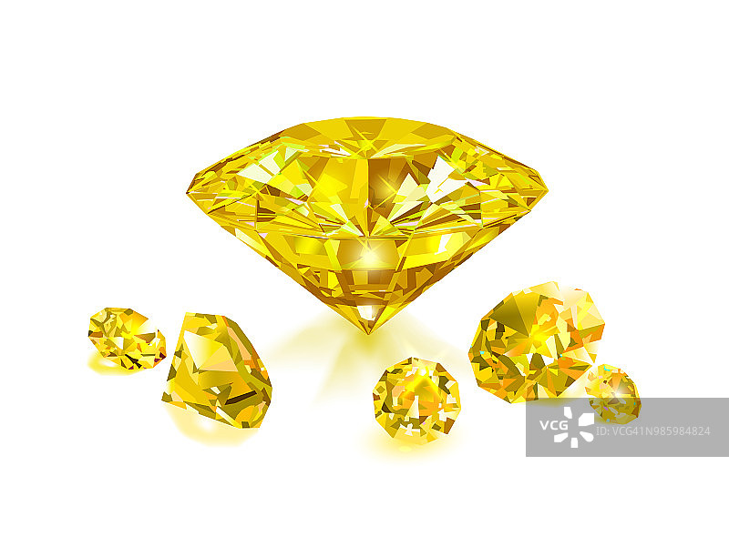 美丽明亮的黄色钻石孤立在白色背景。矢量插图。图片素材