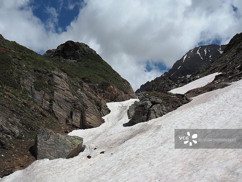 福马扎山谷被雪覆盖的徒步小径图片素材