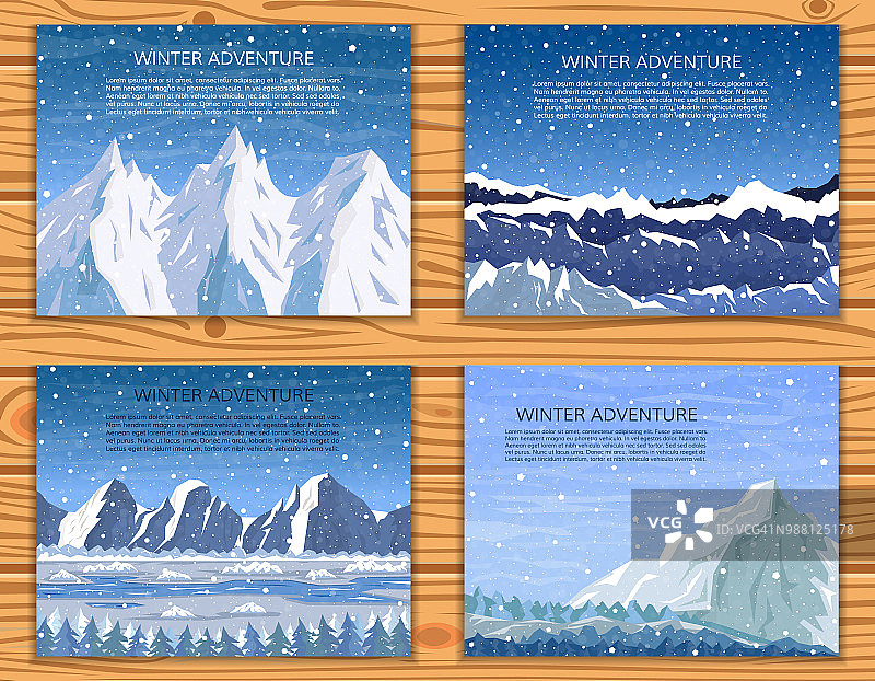 冬季山地景观设置。登山、徒步、登山或旅行横幅收藏。矢量插图。图片素材