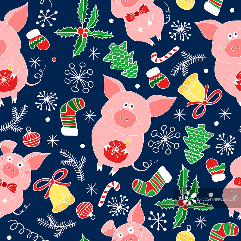 新年矢量无缝模式与猪。图片素材