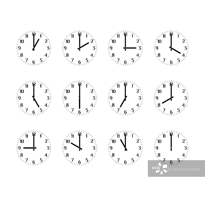 时钟图标设置显示时间的一天。钟面，时针和分针。阿拉伯数字。黑白矢量艺术图片素材