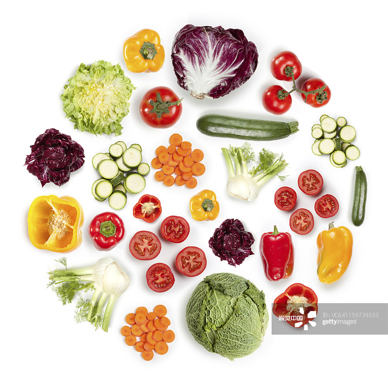 白色背景上的圆形健康水果和蔬菜图片素材