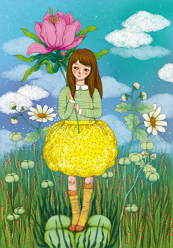 唯美梦幻插画系列-抱着一枝花的女孩下载