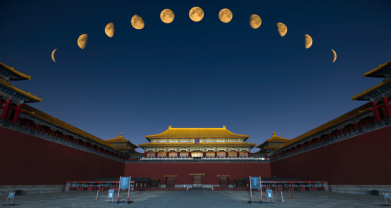 中国北京故宫古建筑中秋月圆夜景图片素材