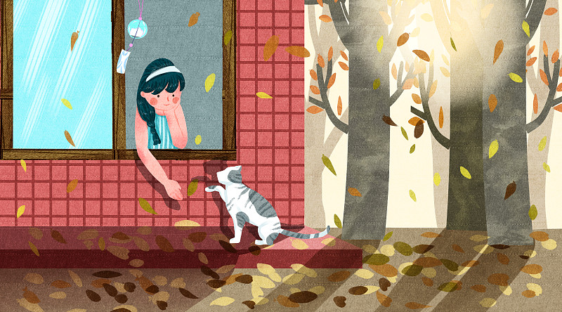 猫与女孩生活二十四节气之立秋图片素材