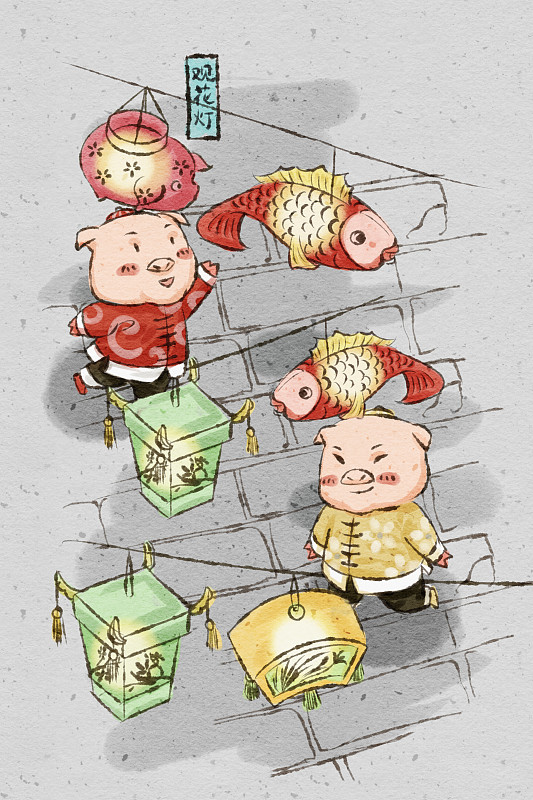 中国风猪年春节民俗系列之正月十五观花灯图片素材