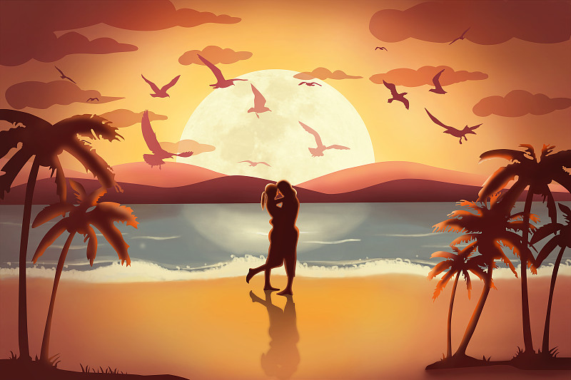 海滩夕阳下的浪漫情侣插画下载