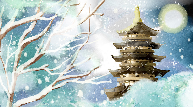 水彩水墨古风风景系列之杭州西湖雷峰塔冬天图片下载