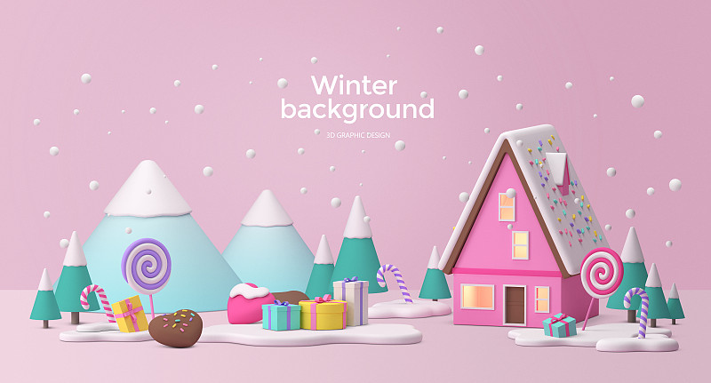 3D渲染冬季背景。最小的粉彩背景。014图片下载