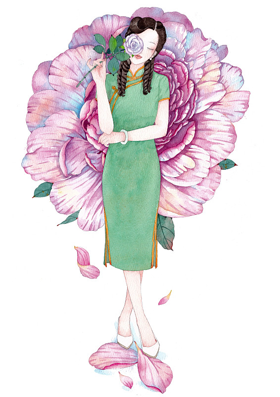 民国旗袍美女与花朵图片素材
