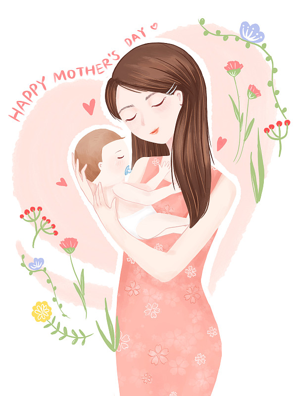 手绘插画母亲节妈妈抱着孩子下载