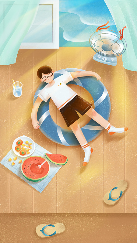 炎热的夏季在海滩边的室内躺着地板上吃西瓜图片下载