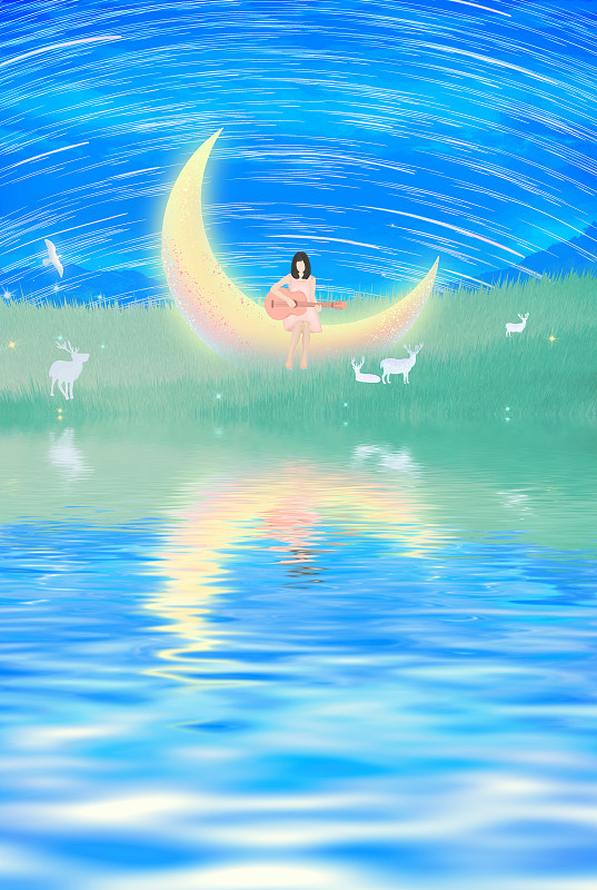 夜晚蓝色星空下流星划过，少女坐在月亮旁弹吉他插画背景海报下载
