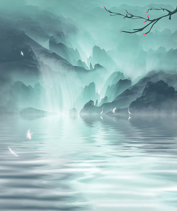 夏天森林间小瀑布流入到河流中，几只小鸟在岸边捕鱼中国风插画下载