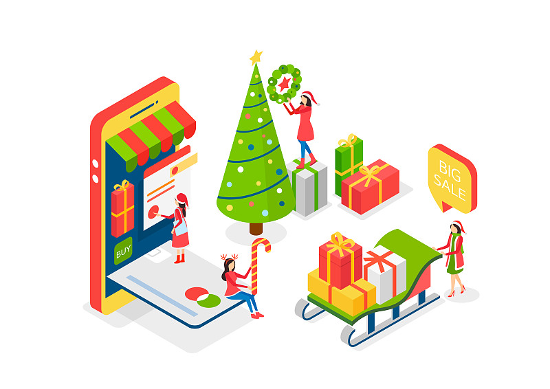 圣诞节，新年，商业活动，购物，销售，礼物，圣诞装饰，圣诞树，智能手机，手机购物，购物车，信用卡，雪橇图片下载
