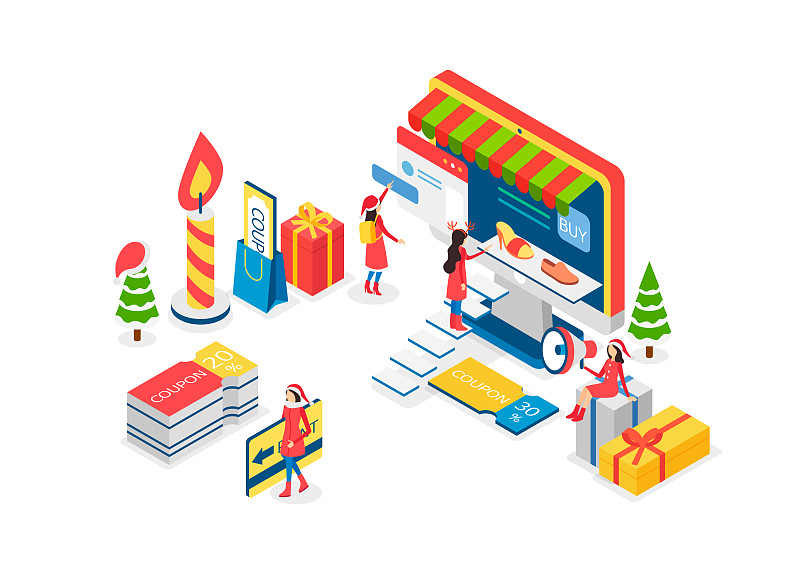 圣诞节，新年，商业活动，购物，销售，礼物，等距，圣诞装饰，电脑显示器，优惠券，秒图片下载