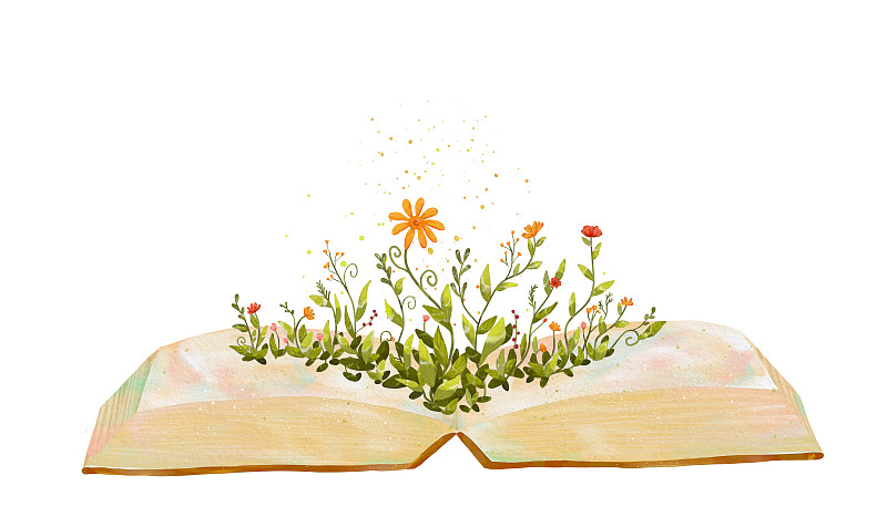 翻开的书页上长出茂盛的花草 可爱植物创意水彩插画图片