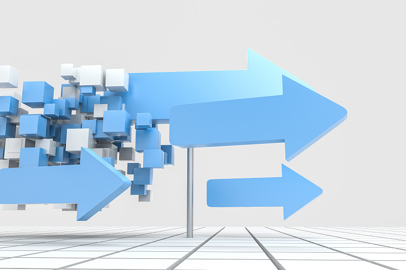 蓝色箭头模型与方块创意背景，三维渲染图片下载