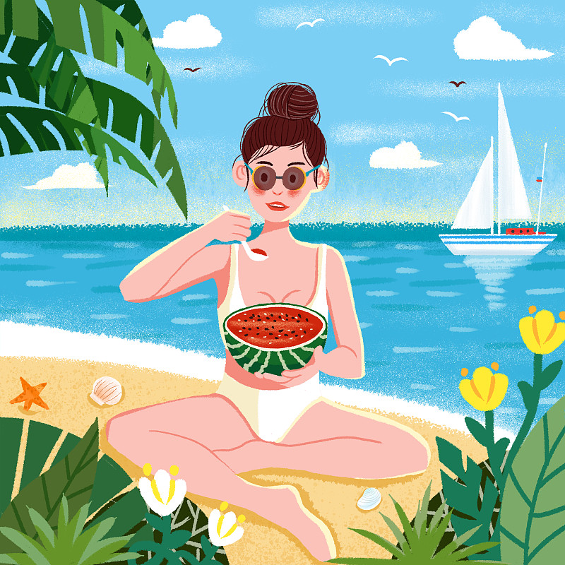 夏日海边吃西瓜的女孩图片下载