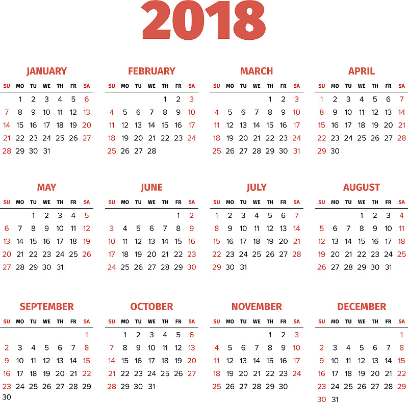 2018年日历表全年图片图片