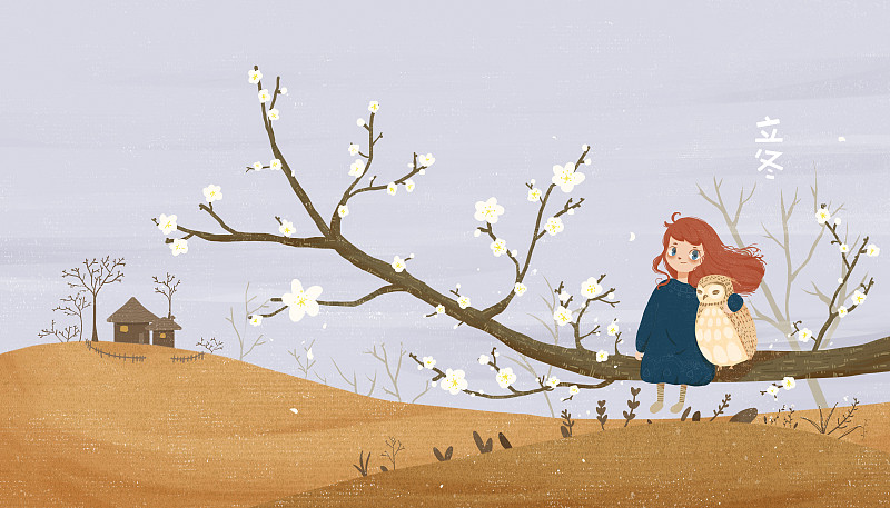 二十四节气立冬插画 坐在树枝上抱着猫头鹰的女孩图片